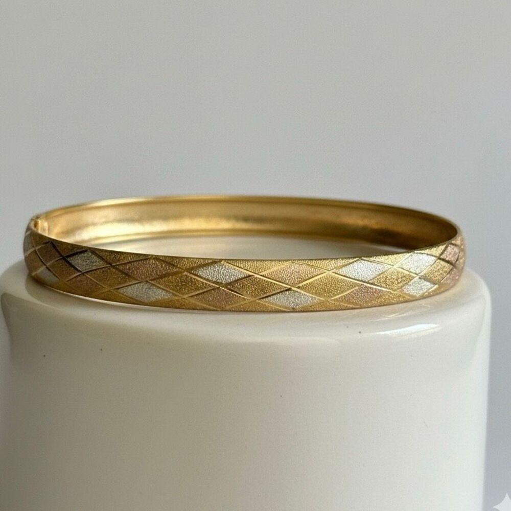 New 3-Tone Diamond Cut Textured Bangle Bracelet Yellow, White, & Rose Gold